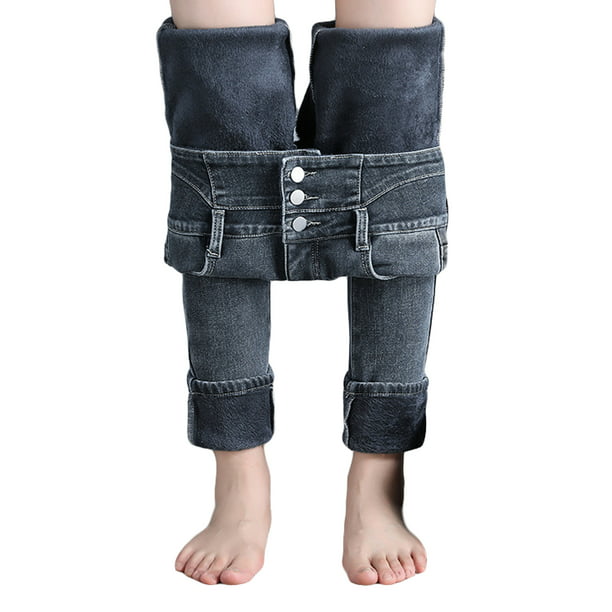 Womens Thermal Fleece Denim Jeans Trousers Winter Warm Stretch Leggings Pants
